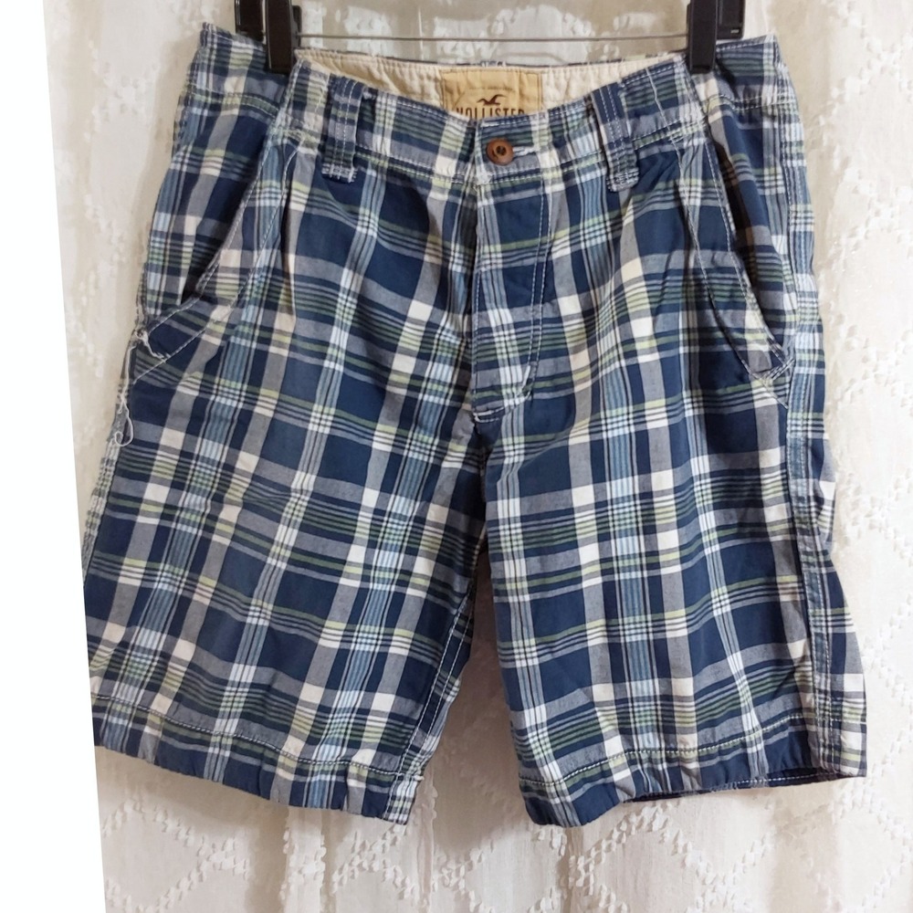 Hollister Mens Blue Plaid Classic Fit Cargo Shorts Size 32 Button Fly Cotton
